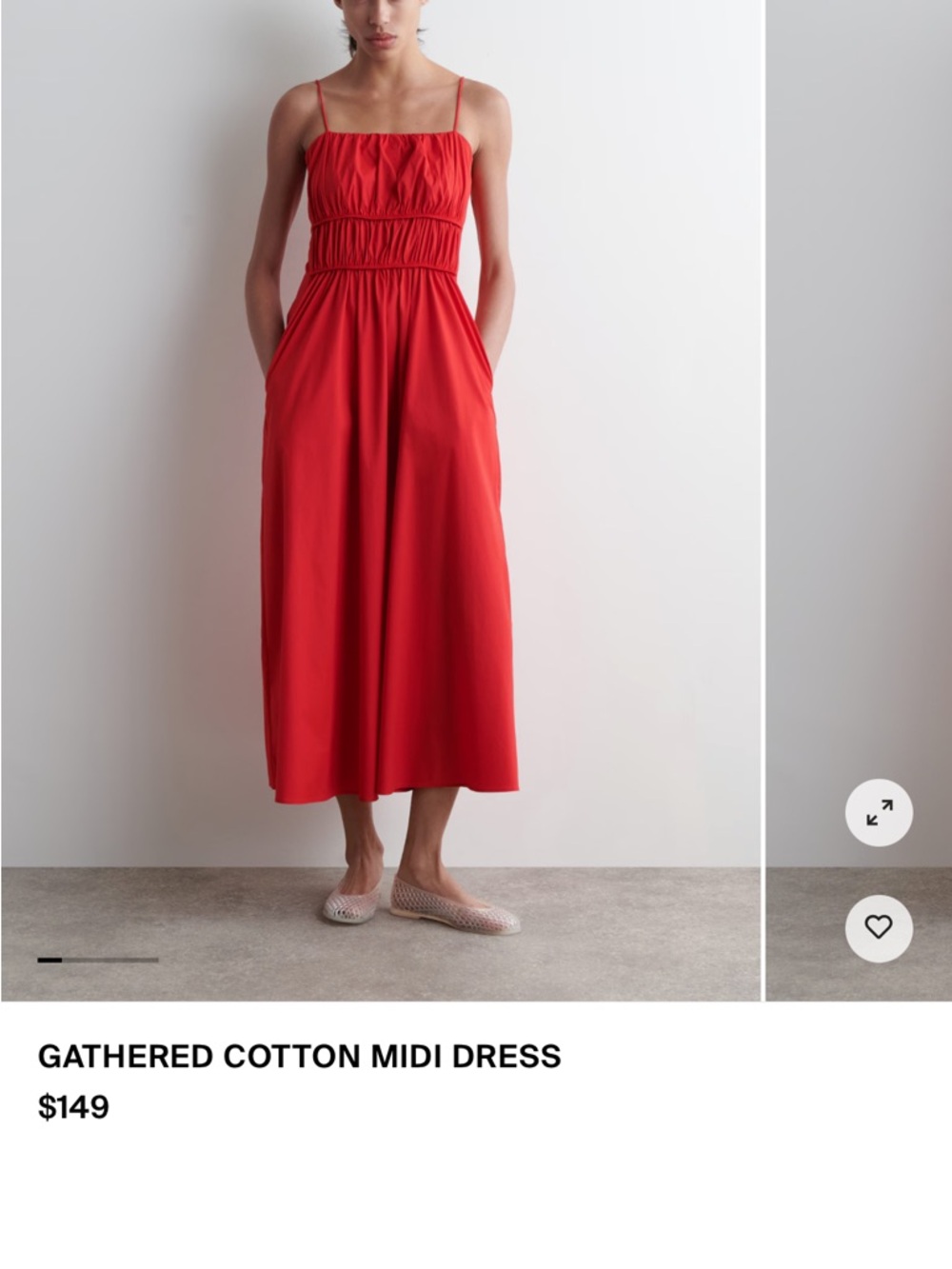COS Red Gathered Cotton Midi Dress